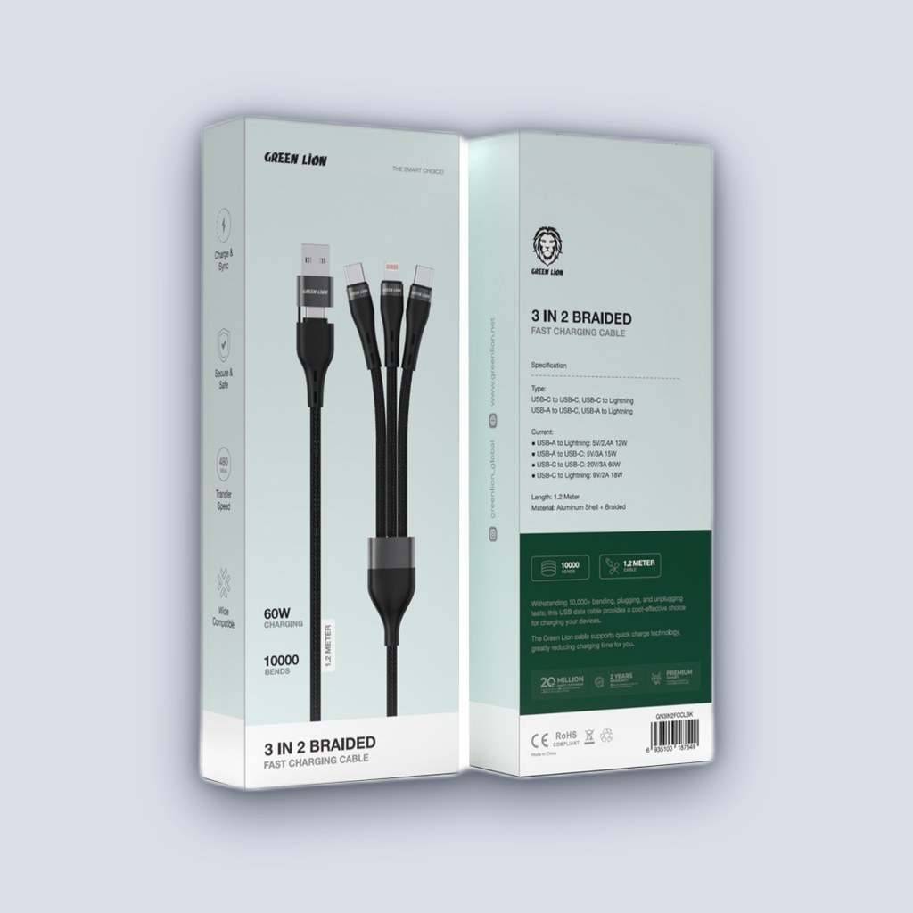 Green Lion Green Lion 3 in 2 Braided Fast Charging Cable – Black