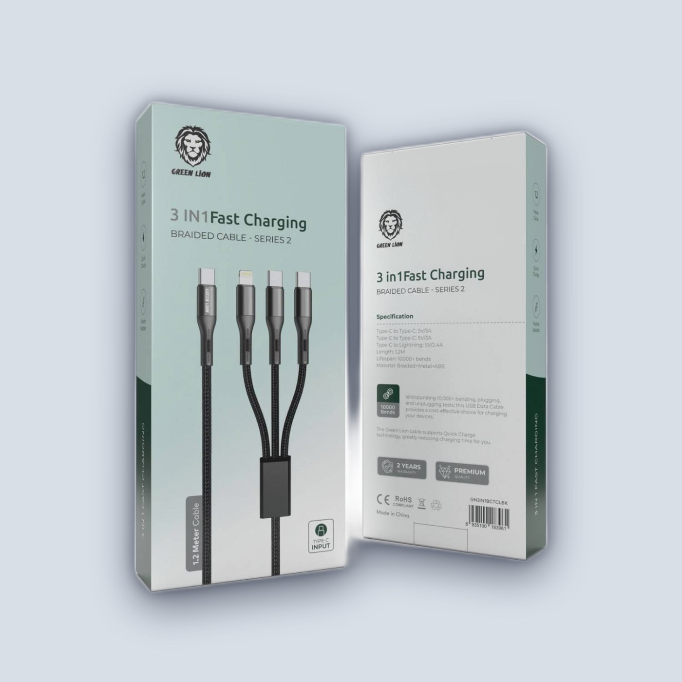 Green Lion 3 In 1 Fast Charging Braided Cable 1.2m
