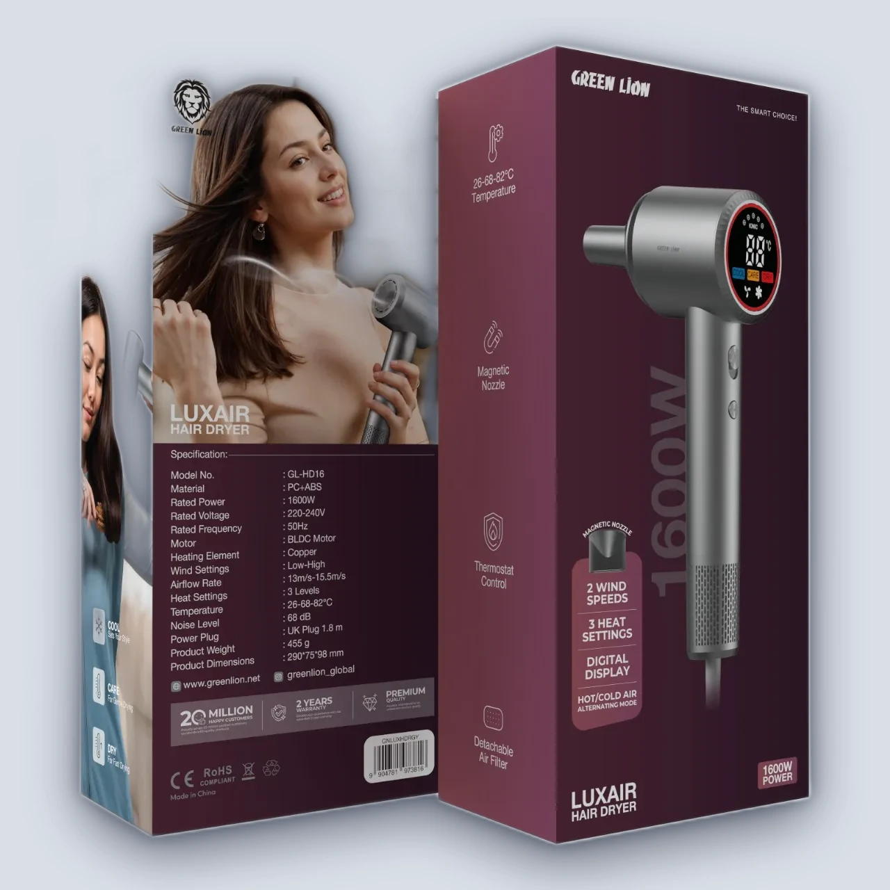 Green Lion Green Lion Luxair Hair Dryer With Display 1600W – GRAY
