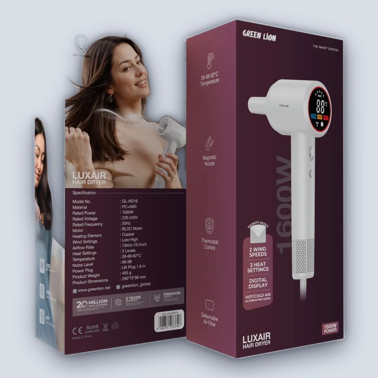 Green Lion Green Lion Luxair Hair Dryer With Display 1600W – White