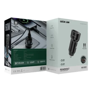Green Lion Green Lion RoadVolt Car Charger PD + QC 60W C to C 1m Cable – Black