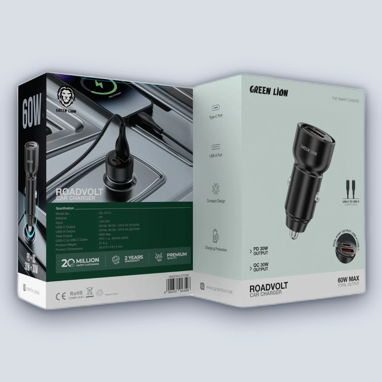 Green Lion Green Lion RoadVolt Car Charger PD + QC 60W C to C 1m Cable – Black