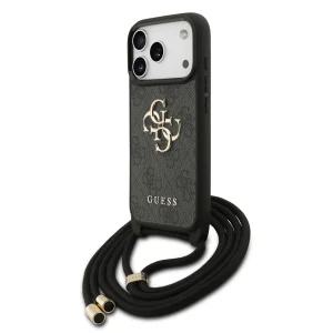 Guess 4G PU Leather Case With big 4G Logo & Lanyard For iPhone 17 Pro Max – Black
