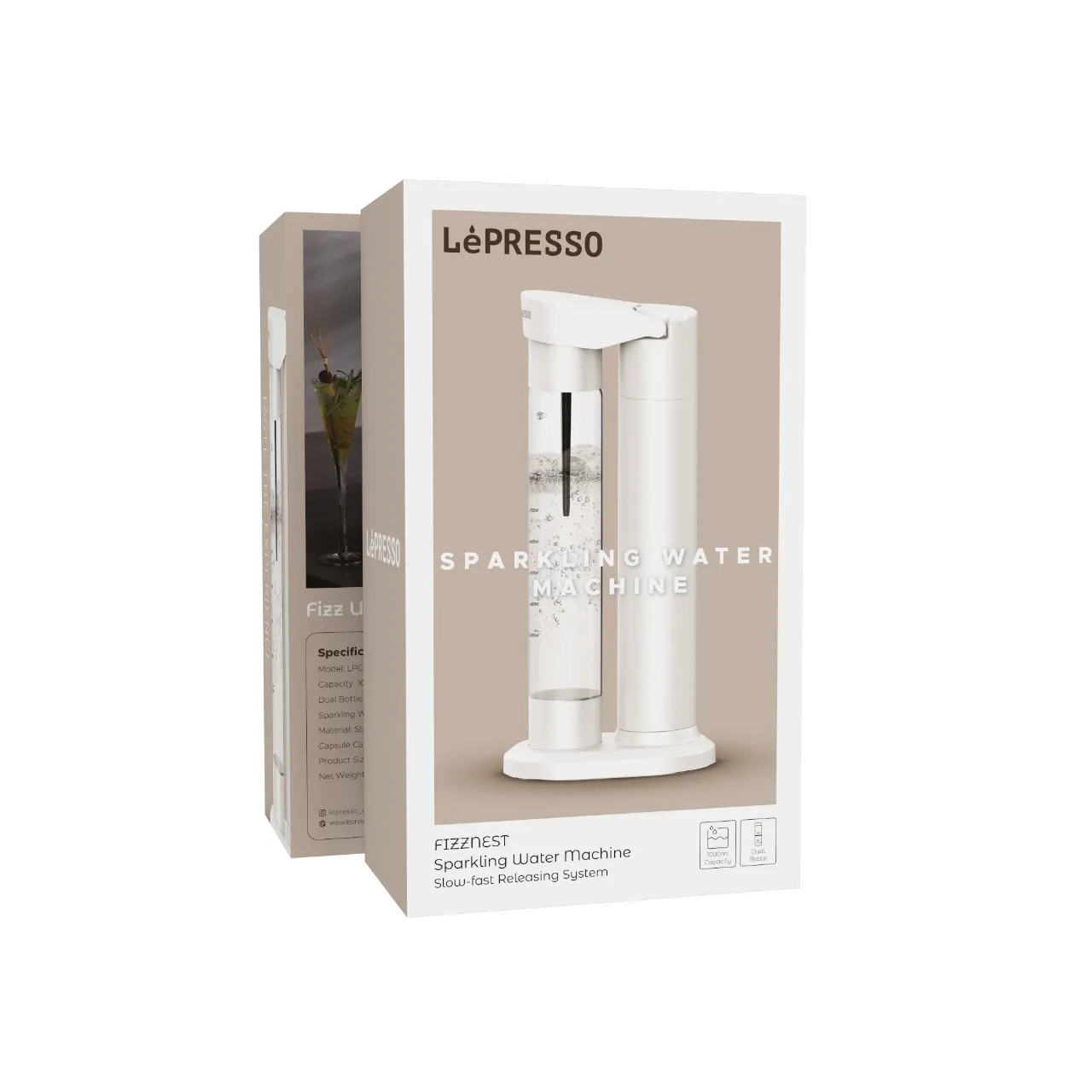 LePresso LePresso Fizznest Instant Carbonator & Soda Maker With Dual Bottle – White