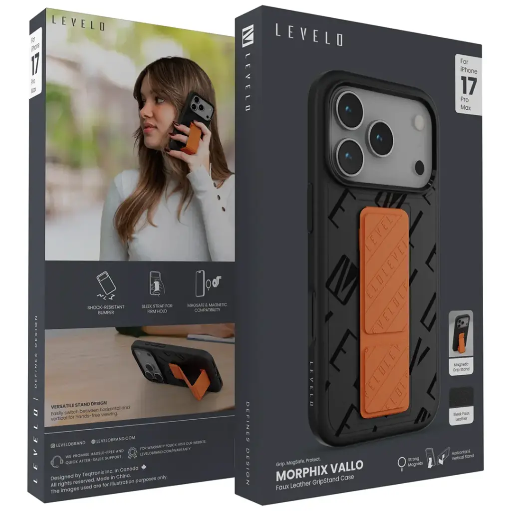 Levelo Levelo Morphix Vallo Faux Leather Gripstand Case for iPhone 17 Pro – Onyx Flame