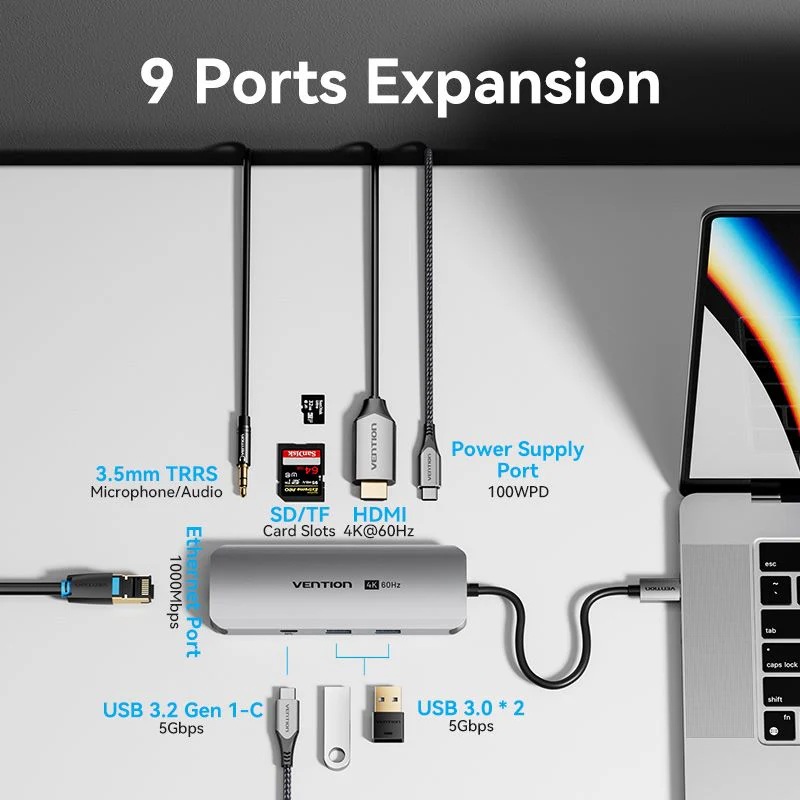 Vention USB-C to HDMI | USB-A x2 | USB-C | SD Card Reader | LAN | 3.5mm | PD100W | Dock — image 2
