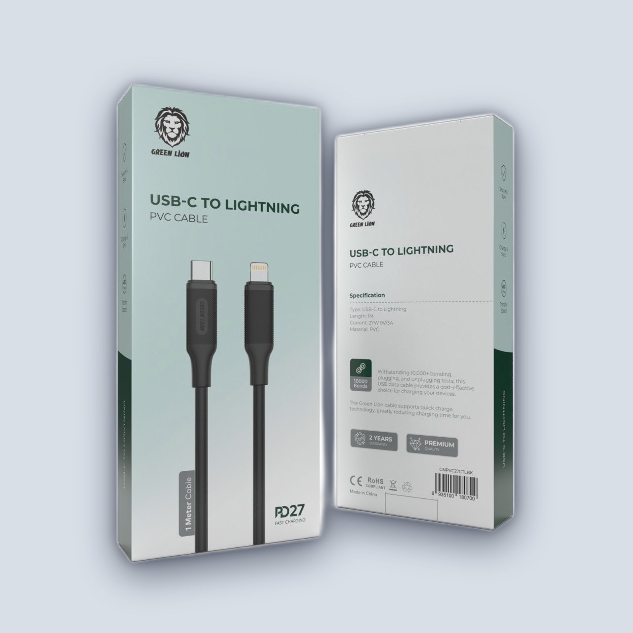 Green Lion USB-C to Lightning PVC Cable 1M PD 27W – Black